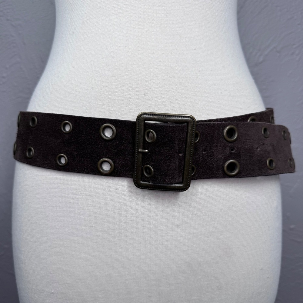 Vintage Y2K Large wide dark brown suede belt large antique brass hardware boho
